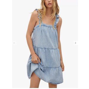 MANGO Tiered Blue Denim Mini Dress Sz S